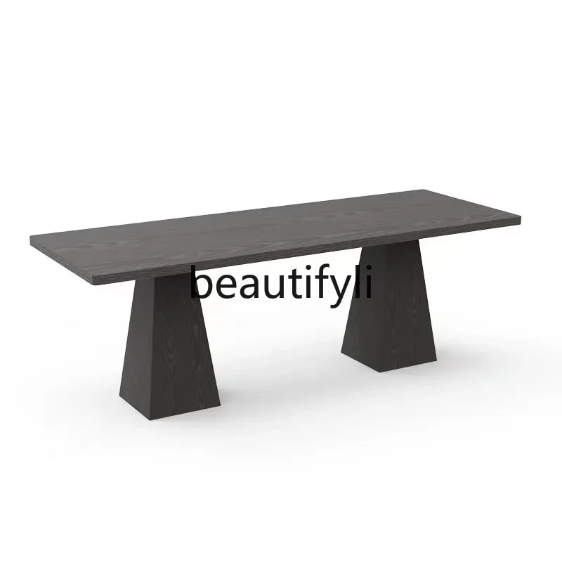 

Creative solid wood dining table Modern ash wood desk Simple black worktable Tea table Living room long table