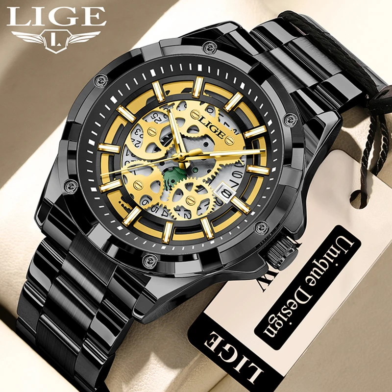 

2026 New Men Watch LIGE Fashion Business Watch Men Top Brand Luxury Waterproof Hollow Skeleton Quartz Chronograph Montre Homme
