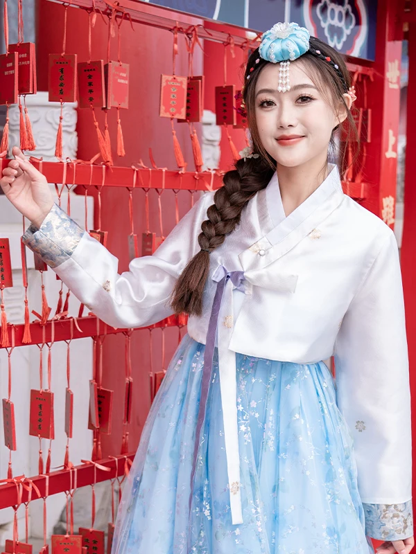 

Новый ханбок для женщин Янцзи, корейское этническое меньшинство, традиционное китайское стильное придворное платье, костюм для танцевальной сцены, мода