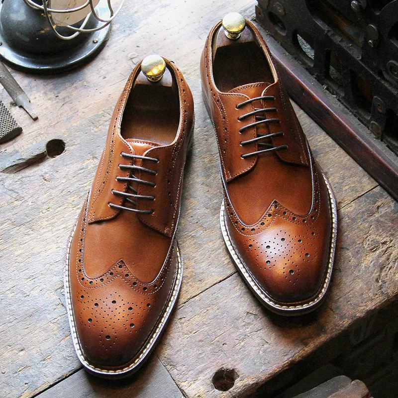 DESAI genuine leather business formal Derby shoes thick soled height increasing leisure shoes brogue carved handmade men\'s shoes