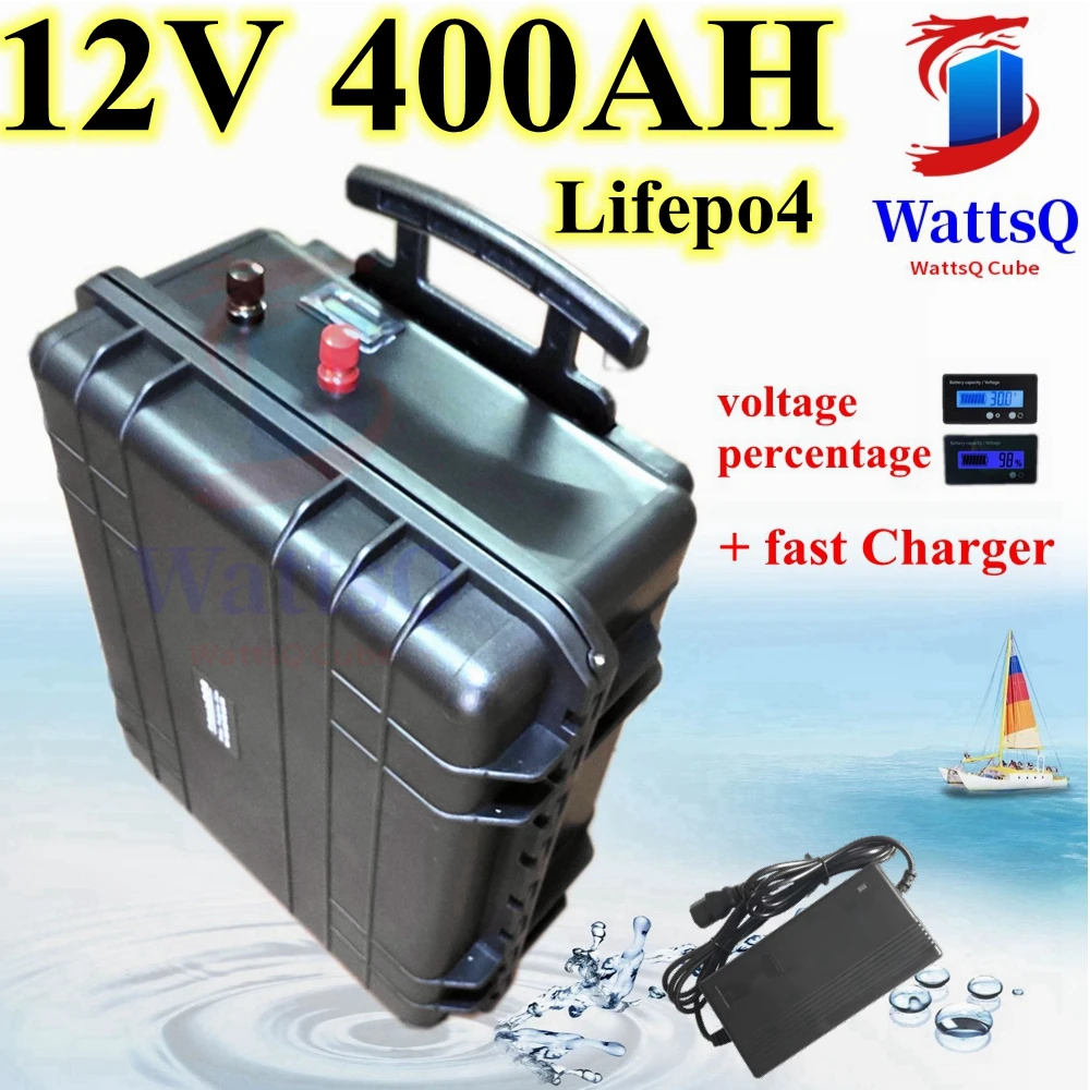 

waterproof 12V 400AH Lifepo4 battery lithium BMS with wheel trolley case easy carry for Solar System UPS caravan +20A Charge