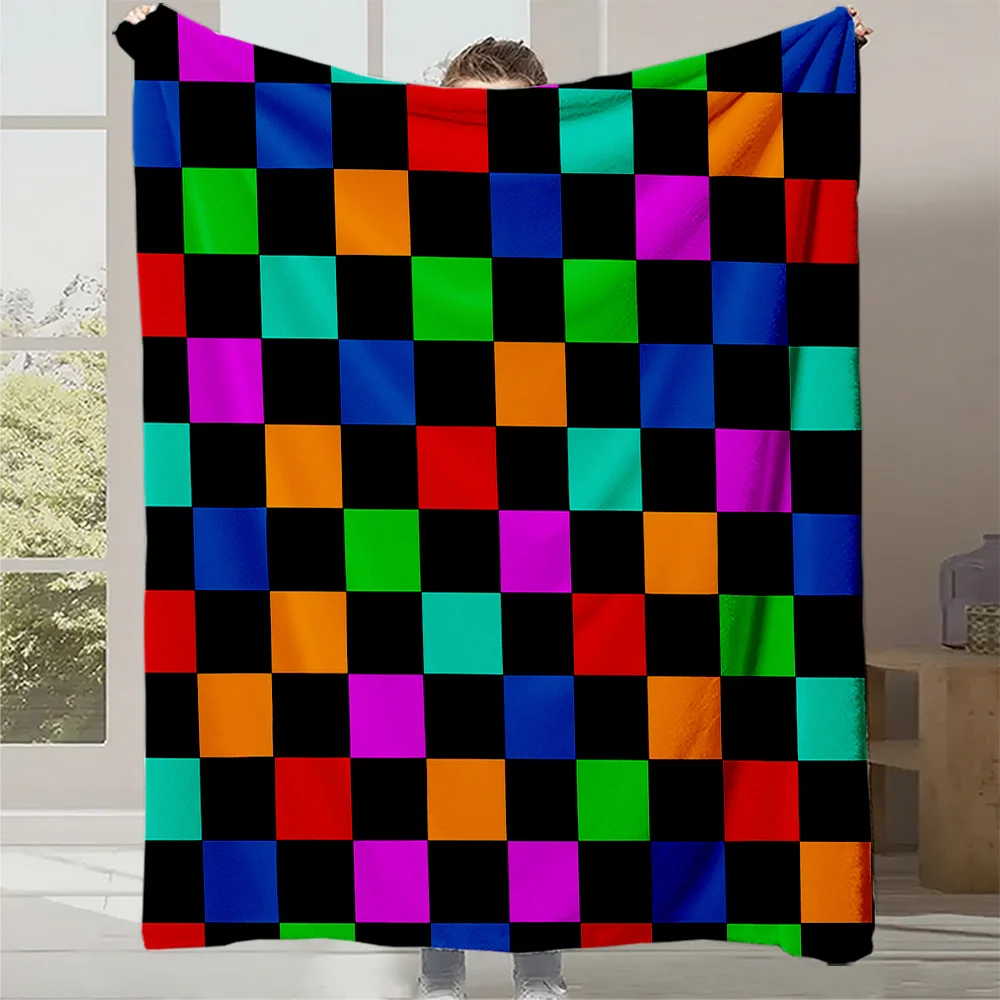 1pc Mondrian-Style Multicolor Geometric Block Print Plush Fleece Blanket - Soft Warm All-Season Bedspread with Iconic Black Whit