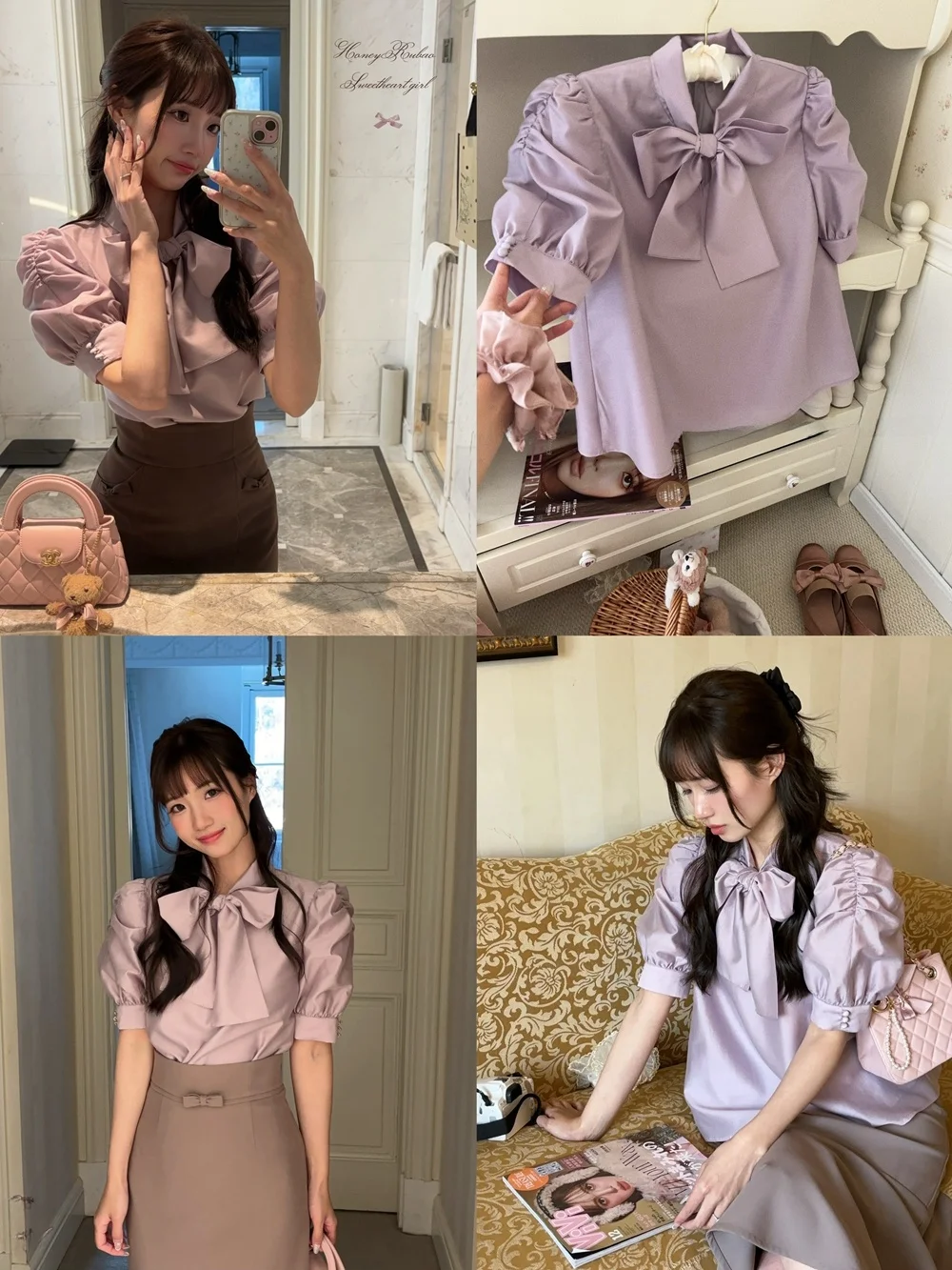 

Romantic Iris Purple Bubble Sleeve Knot Tie Top Shirt Chiffon Women's Loose Fit Spring Polyester Fiber Short Sleeve