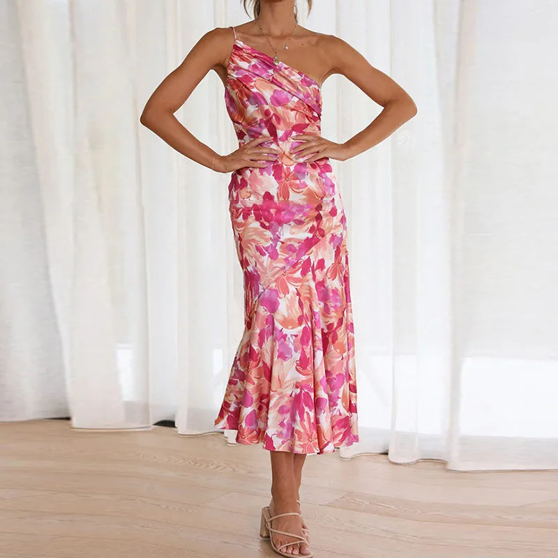 

2024 New European and American Women's Fashion Sexy Printed Oblique Collar Off-the-Shoulder Fishtail Dress