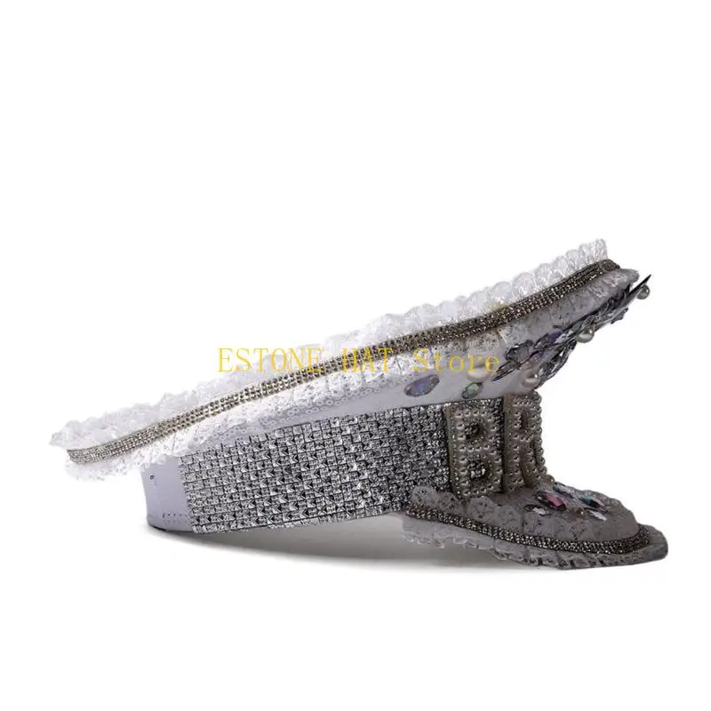 49MF Glittering Crystal Captain Hat Sailor Hat for Bachelorette Party Stage Dancing