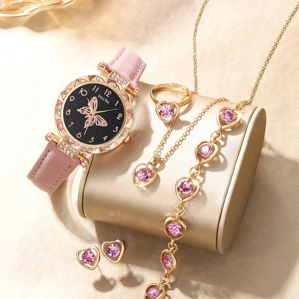 6ps Ladies Fashion Casual Star Butterfly Digital Rhinestone Belt Quartz Watch Powder Crystal Necklace Earrings Bracelet Gift Set