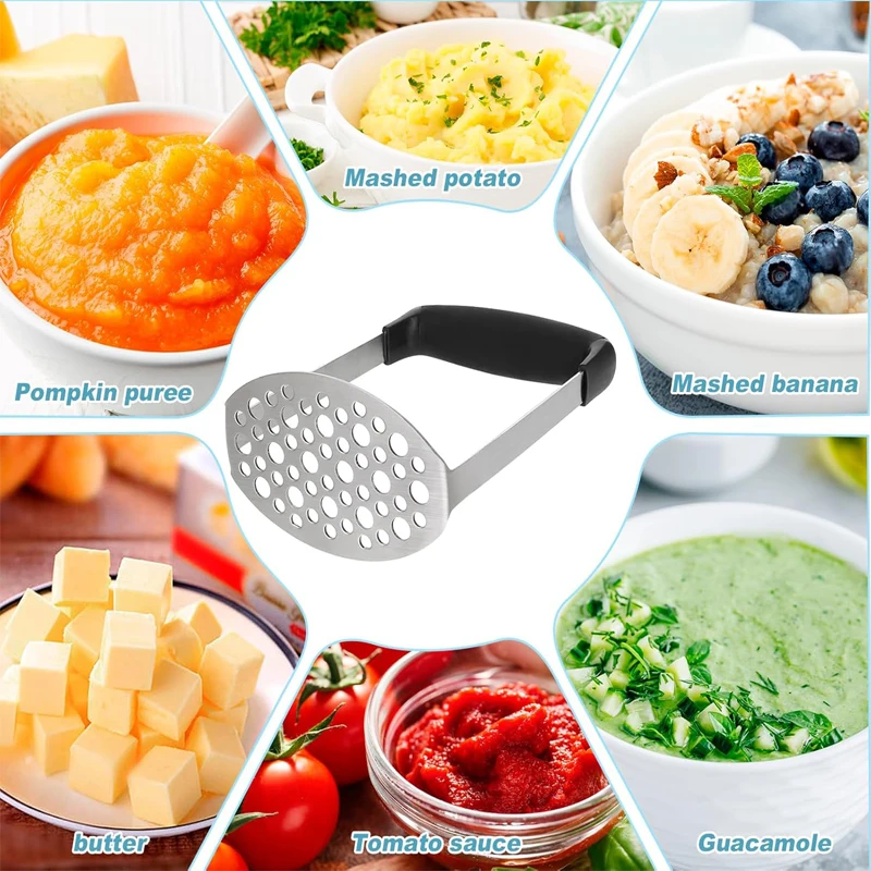 Kartoffelstampfer aus Edelstahl, kreativer Kartoffelstampfer mit rutschfestem Griff, Kartoffelbrecher, Knoblauch, Obstpresse, Küchenhelfer – Detail 9