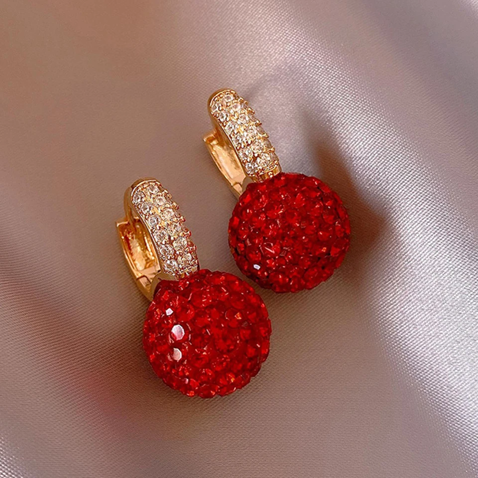 Yupsk New Fashion Jewelry Full Zircon Red Ball Earrings Korean Temperament Earrings for Women Christmas Jewelry Gifts