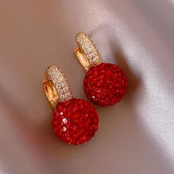 Yupsk New Fashion Jewelry Full Zircon Red Ball Earrings Korean Temperament Earrings for Women Christmas Jewelry Gifts