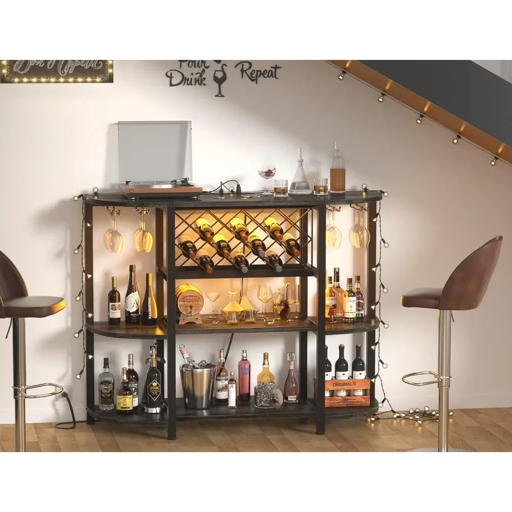 Freestanding Floor Bar Table for Liquor with Glass Holder and Wine Rack Storage, Wine Bakers Rack for Kitchen Dining Room,