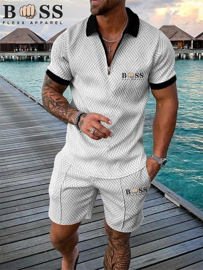 2024New 3D Men's Polo Set Fashion and Casual Men's Solid Color Summer V-neck Zipper Short Sleeve Polo Shirt+Shorts Men's Set