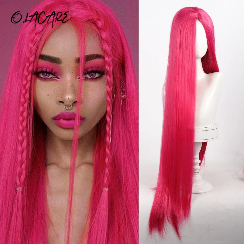 OLACARE Long Synthetic Hair White Purple Red Cosplay Wigs Party Black Hair Straight Wig Hairpiece for Women
