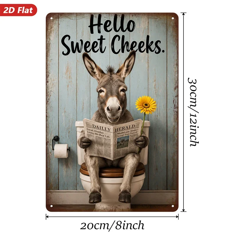 2D Flat - 1pc Metal Sign Wall Art - Hello Sweet Cheeks Donkey Wall Art - Humorous Style - Toilet Themed - For Bathroom - Home De