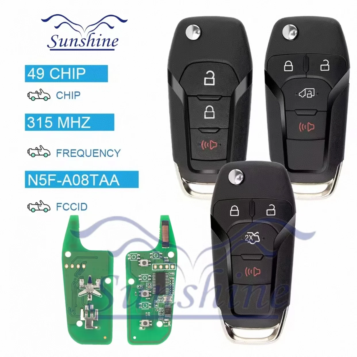 

Sunshine Car key Remote Key Fit For Ford F150-F550 Fusion Explorer N5F-A08TAA ID49Chip 315 Mhz Auto Smart Control HU101 Flip Key