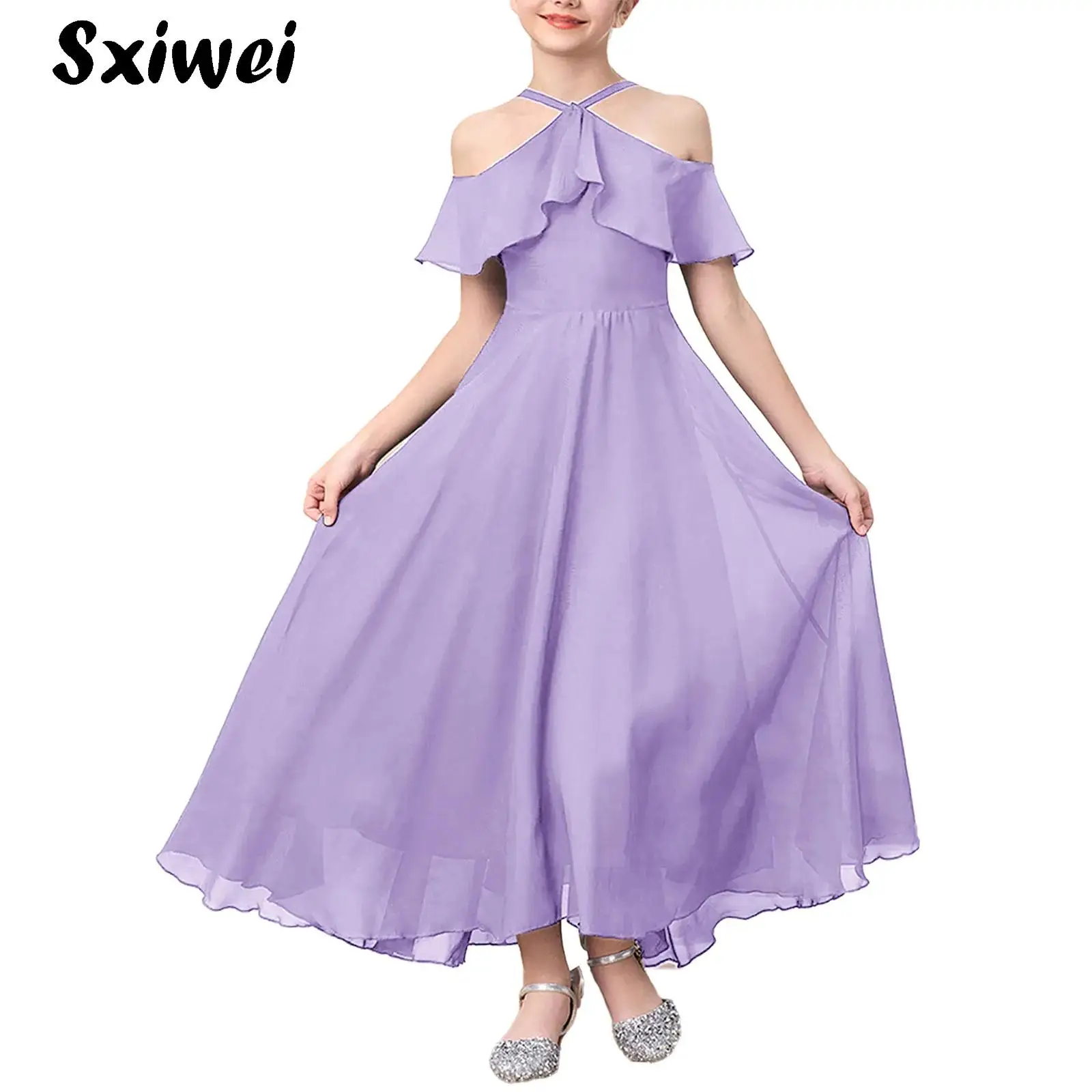 

Girls Cold Shoulder Dress A-line Chiffon Junior Bridesmaid Dress Teen Prom Party Dresses Ankle Length Long Flower Girl's Dress