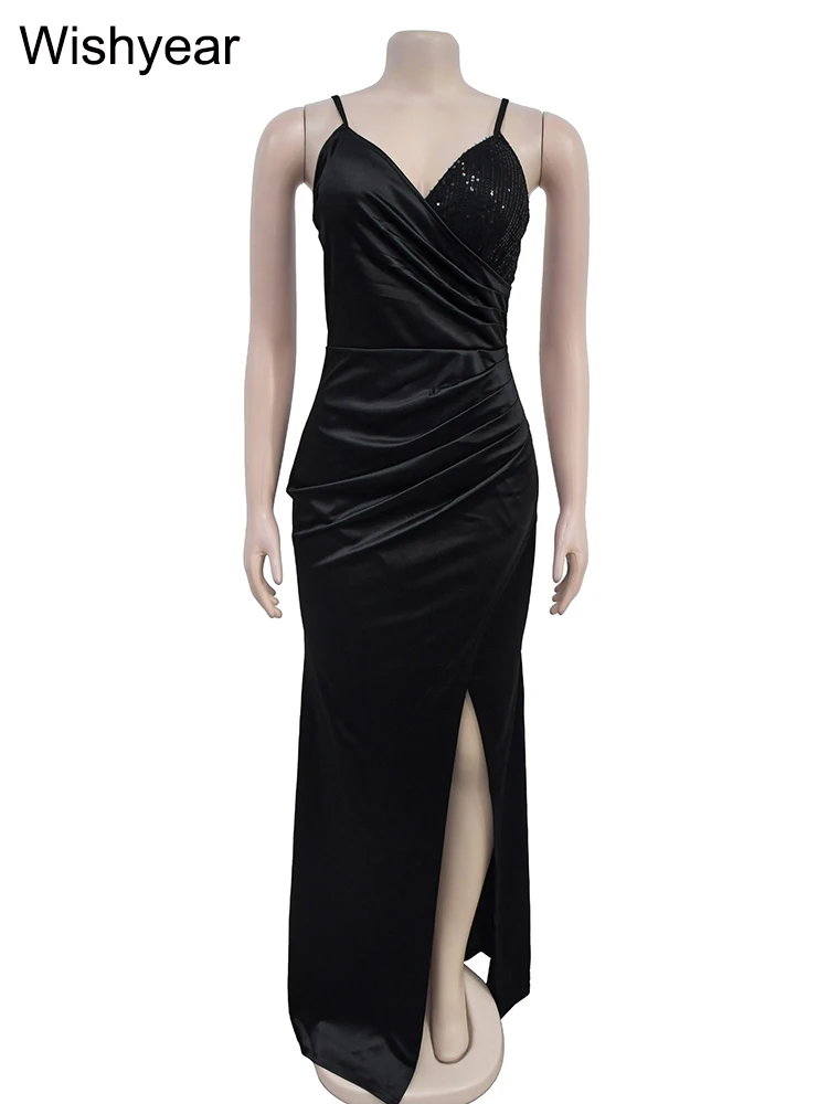 Wishyear Sexy Spaghetti Strap Sleeveless Slit Maxi Dress Women Black Sequin Patchwork Evening Wedding Party Prom Birthday Gowns