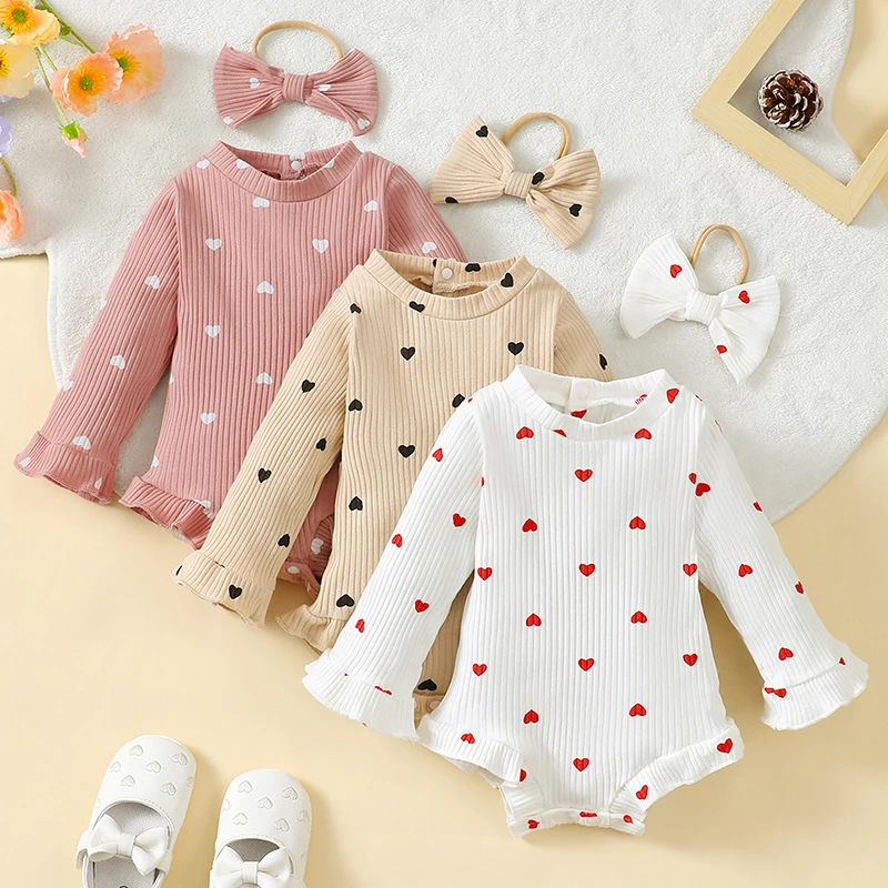 EWODOS 0-1Y Baby Girl Fall Romper Ribbed Heart Print Long Sleeve Crew Neck Ruffled Jumpsuit with Bow Headband