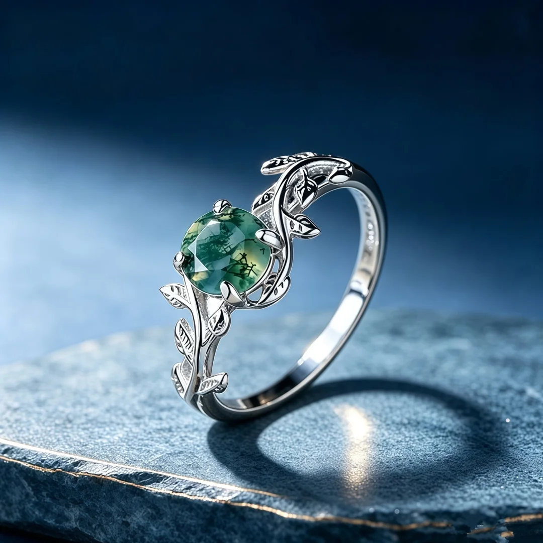 925 Sterling Silber Eleganter Vielseitiger Ring für Damen mit Moosachat und Aquatischem Pflanzenachat, Verstellbarer Offener Ring – Detail 4