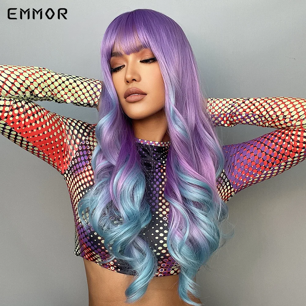 Blonde Emmor Synthetic Long Wavy Wig Ombre Purple to Blue For WOMEN Cosplay halloween Wigs Heat Resistant Fiber Bangs Hair