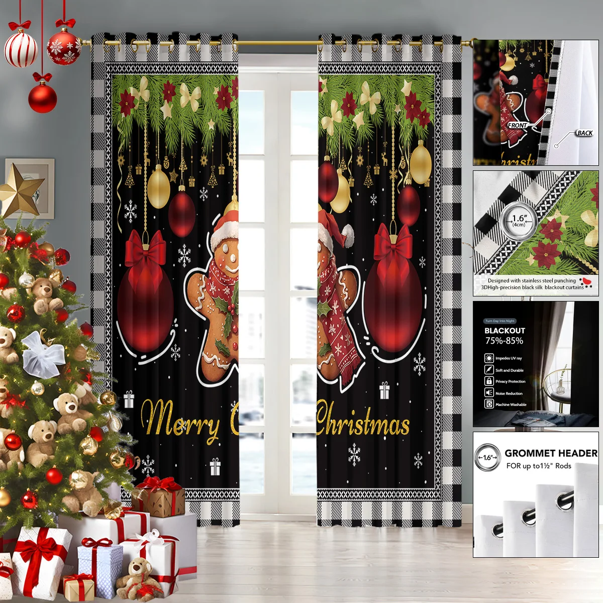 2 Stück Verdunkelungsvorhänge mit Weihnachts-Lebkuchen-Aufdruck, Isolierung, mehrere Größen, Wohnzimmer, Urlaubsdekorationen, maschinenwaschbar
