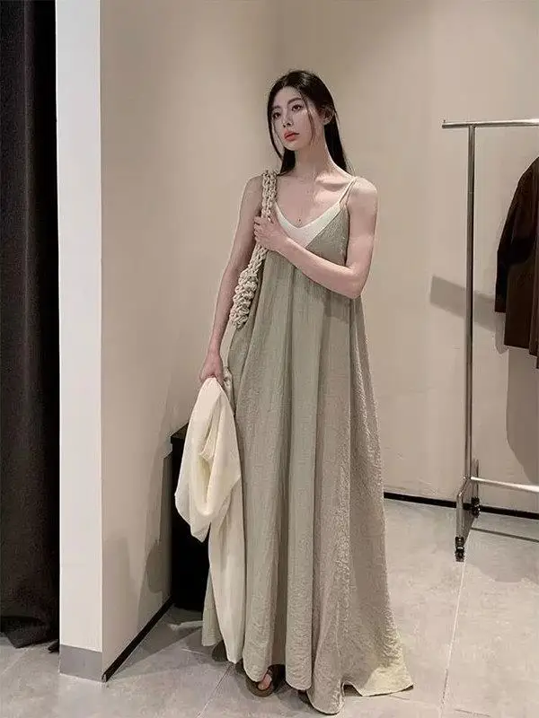 

plus Size Summer Vacation Style Strap Dress Women's Beach Holiday Long Skirt Two-Piece Set V-Neck Other Material 100%
