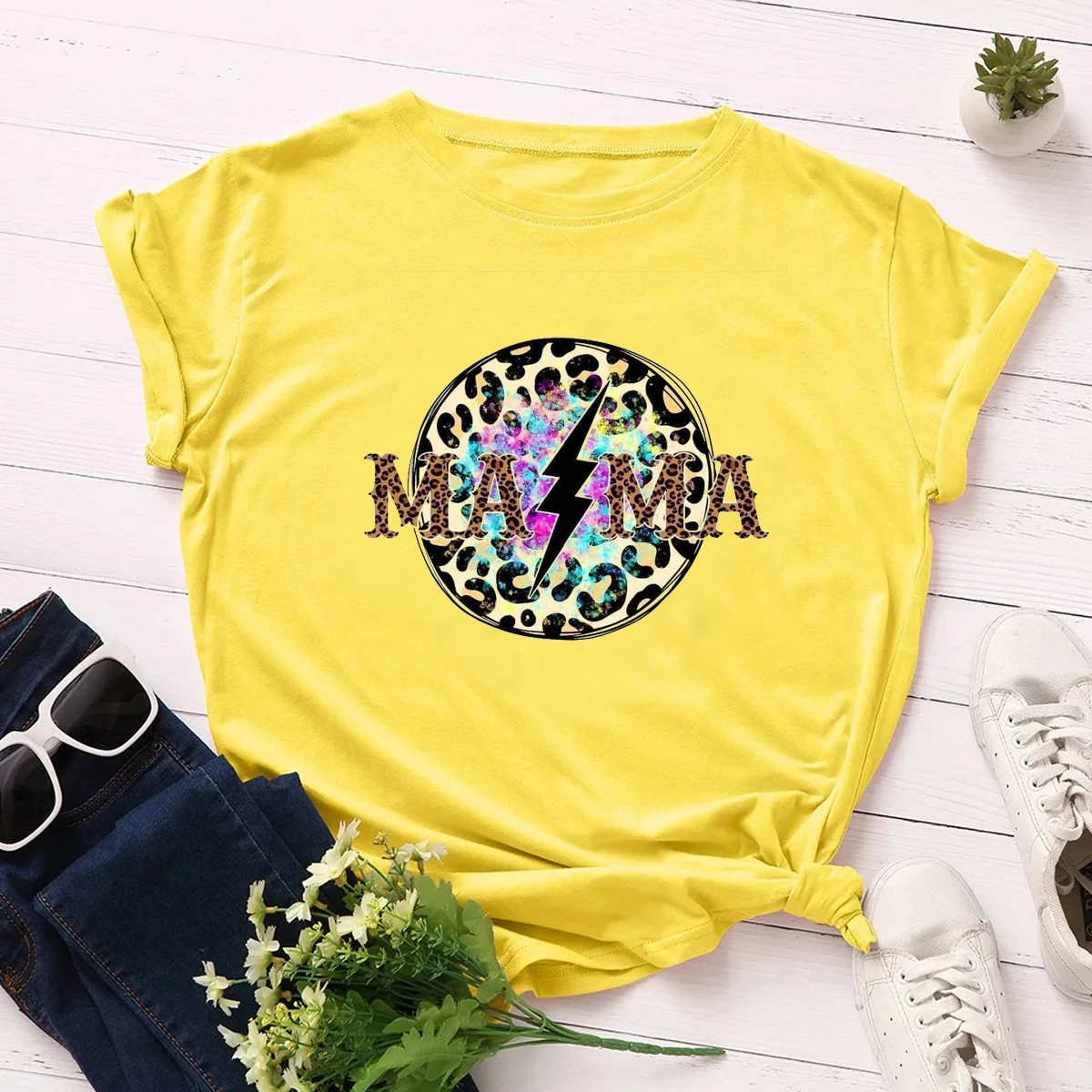 Lightning Mom graphic print tshirt women summer 90s tshirt fashion trend femme tshirt yellow short sleeved tops street clothing