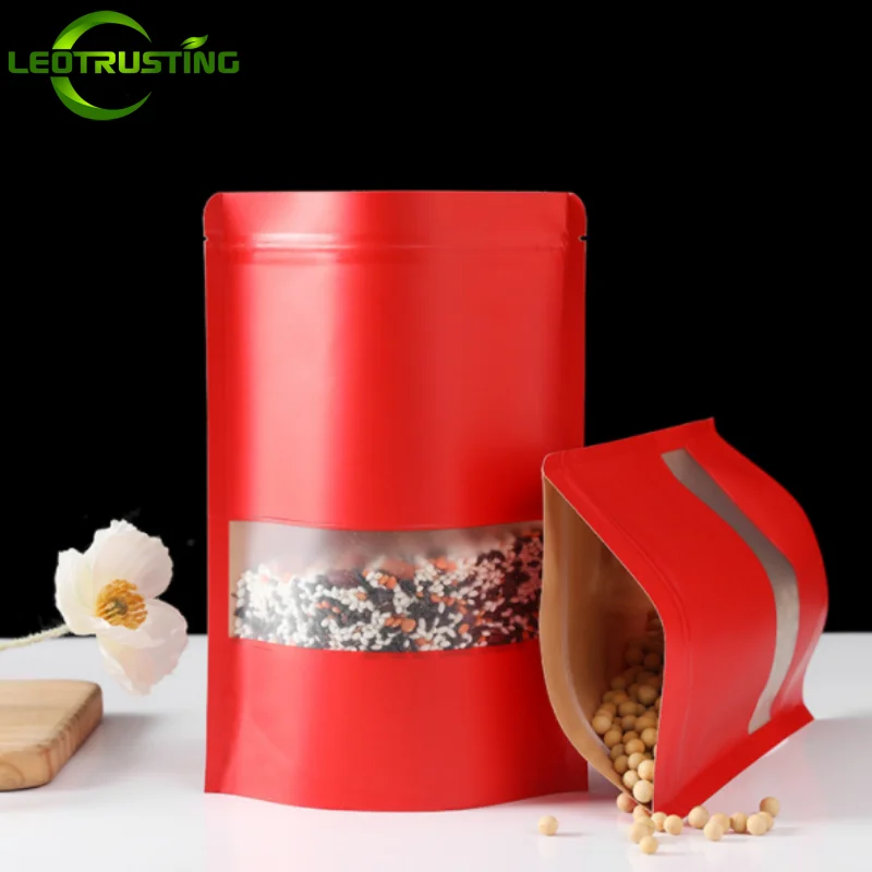 

50PCS Stand Up Red Paper Frosted Window Ziplock Packaging Bag Resealable Snack Sugar Beaf Coffee Candy Gifts Storage Pouches