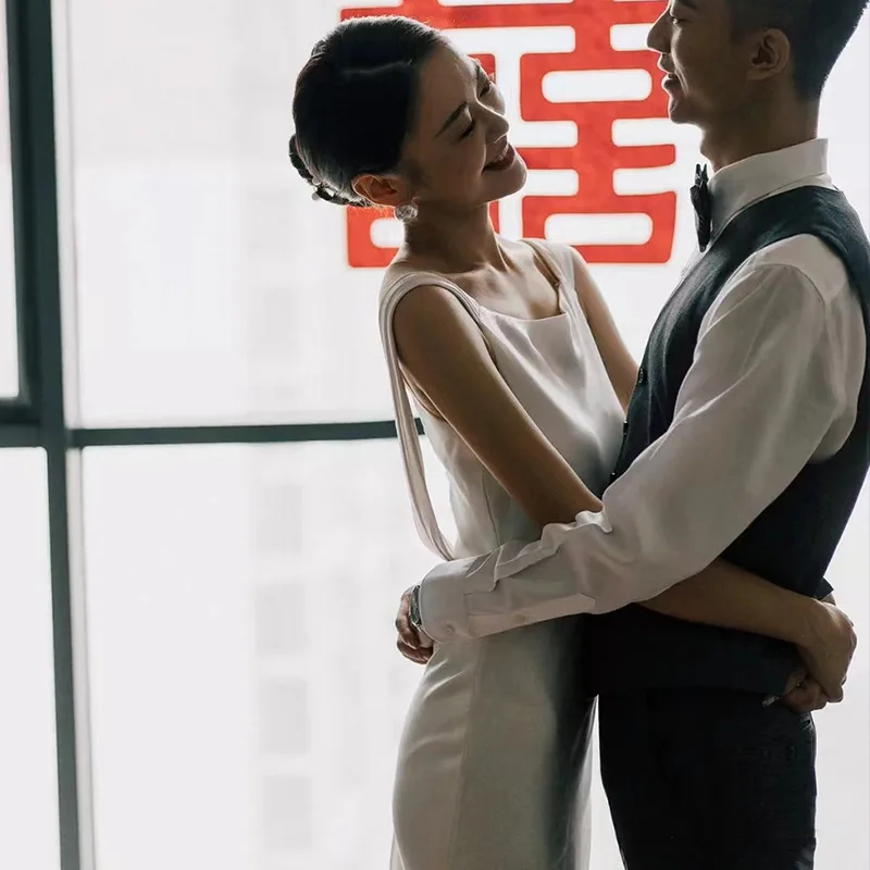 

Satin Light Wedding Dress New Style Elegant French Mermaid Bridal Gown White Train Reception Dress