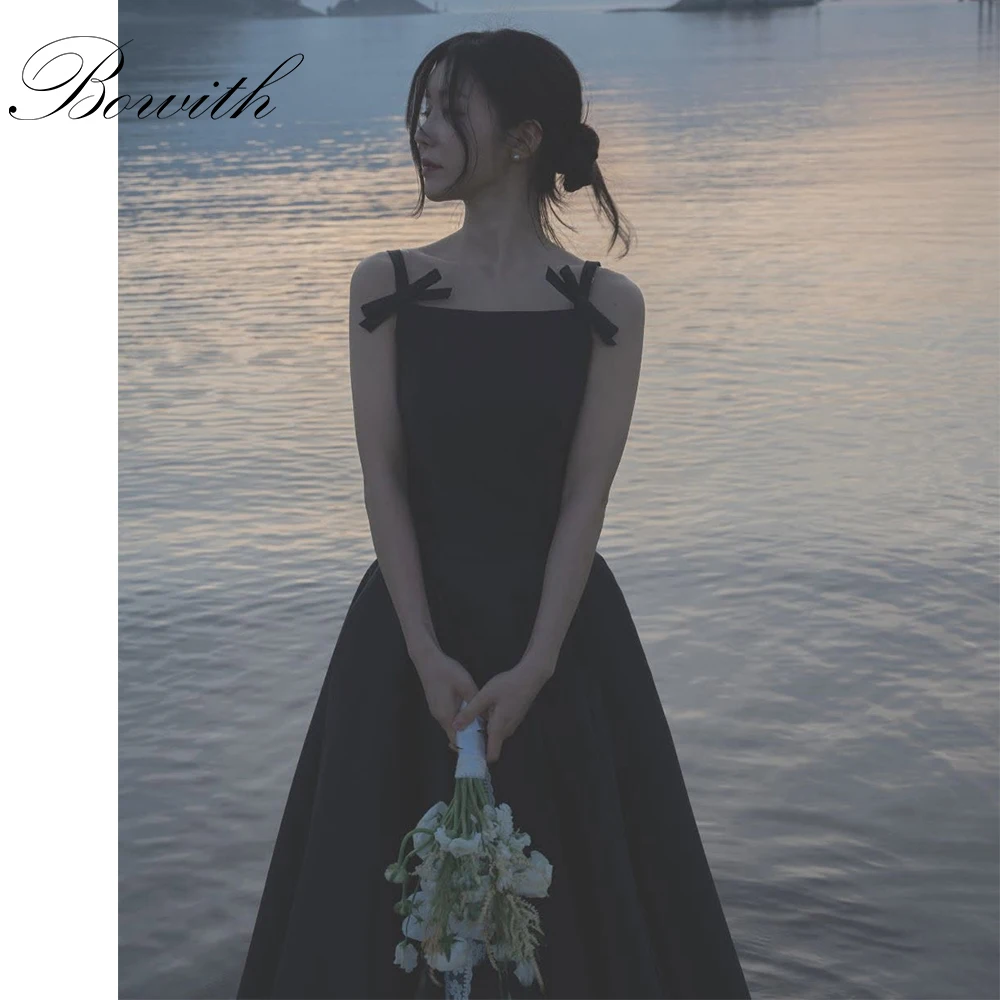 

Bowith Spaghetti Straps Black Evening Party Dresses Simple Customized Korean Wedding Snap Dresses Grils' パーティードレス