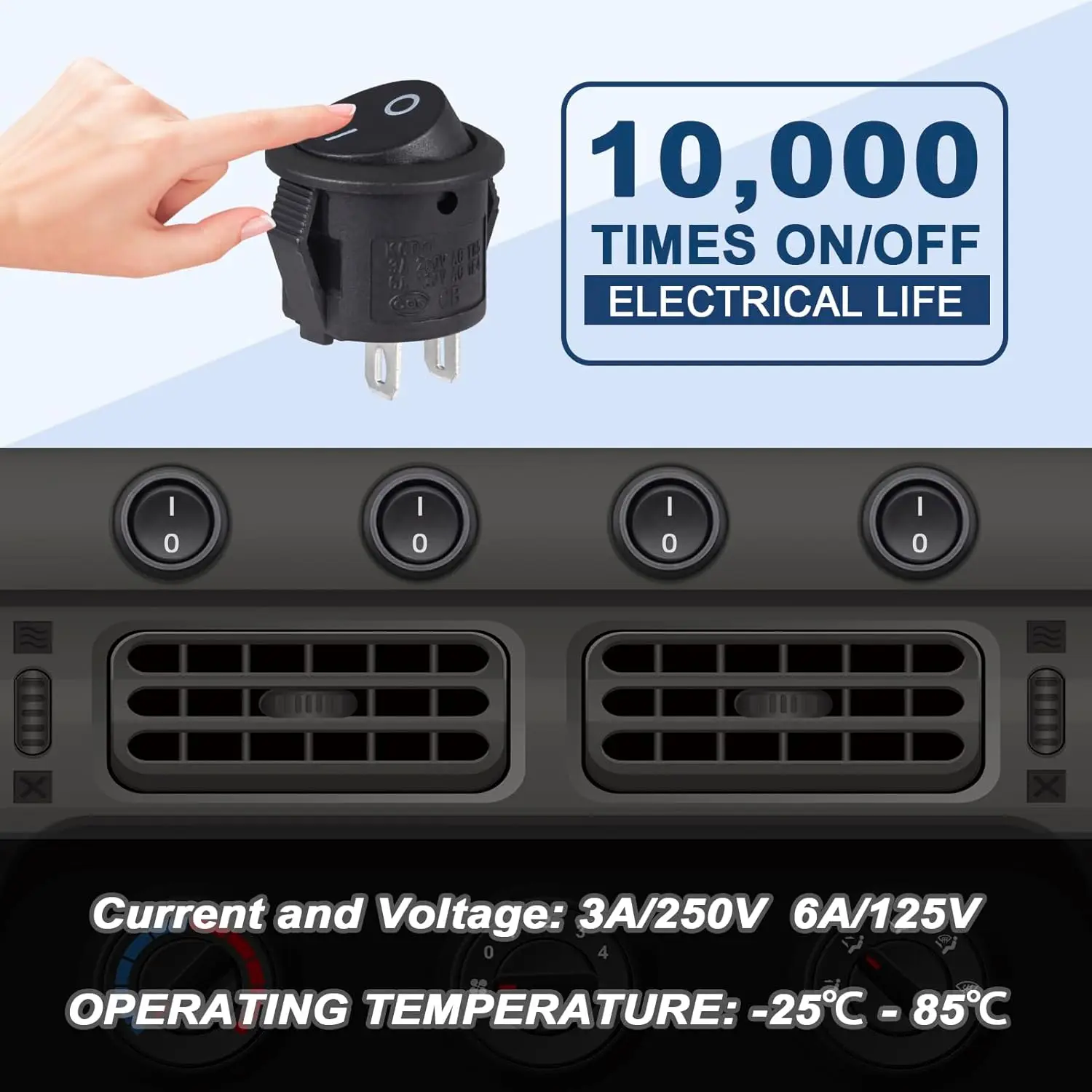 50/10 Stück Wippschalter Schwarz Ein/Aus 2-polig Mini Runder Kippschalter 3A 250V 6A 125V 15MM Kreisschalter für Wohnmobil Auto LKW Boot – Detail 6