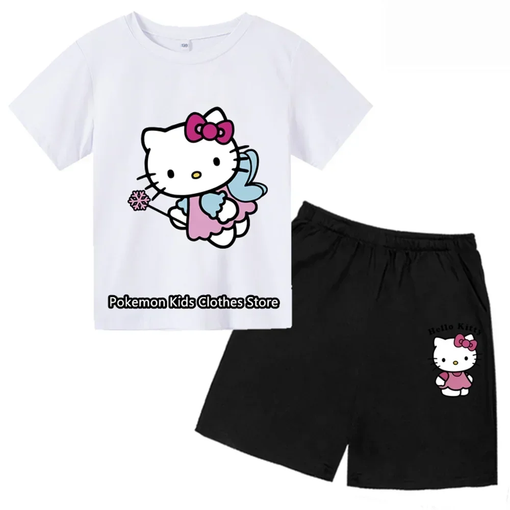 Girl Hello Kitty T-shirt Set Kids Clothing Kuromi Tshirt Set Kids Boys Children's Clothes Girls Casual Girl Tops Boy Shorts