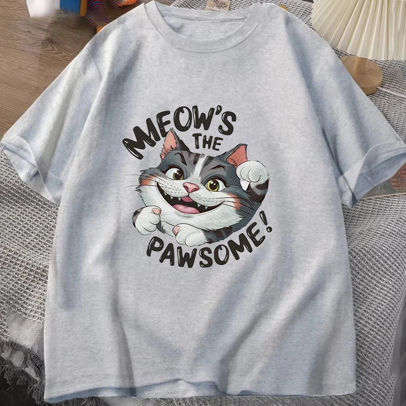 Meow's the Pawsome Letter Print T-shirts for Men Women Kitten Pattern Unisex Casual T-shirts Round Neck Top Summer Couple's Tops