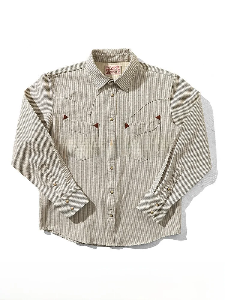 

MBBCAR Western Series Narrow Width Shirt Vintage American Striped Long Sleeve Button up Light Beige Cotton Polyester Blend