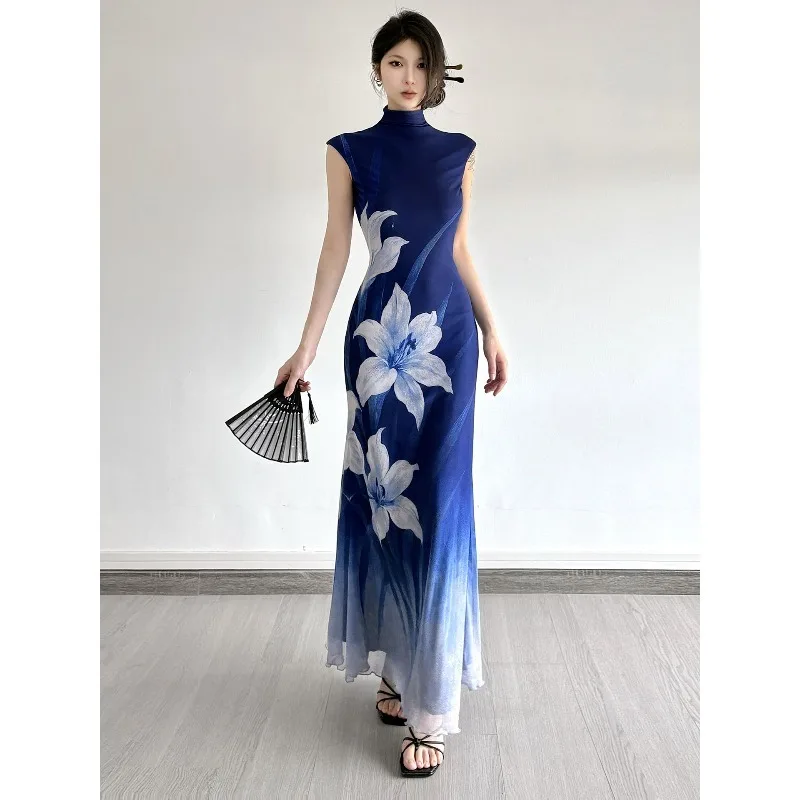 New Chinese-style Retro Floral Gradient Blue Dress Women High-waisted and Slimming Mesh Dovetail Long Dress Fashion Womenswear