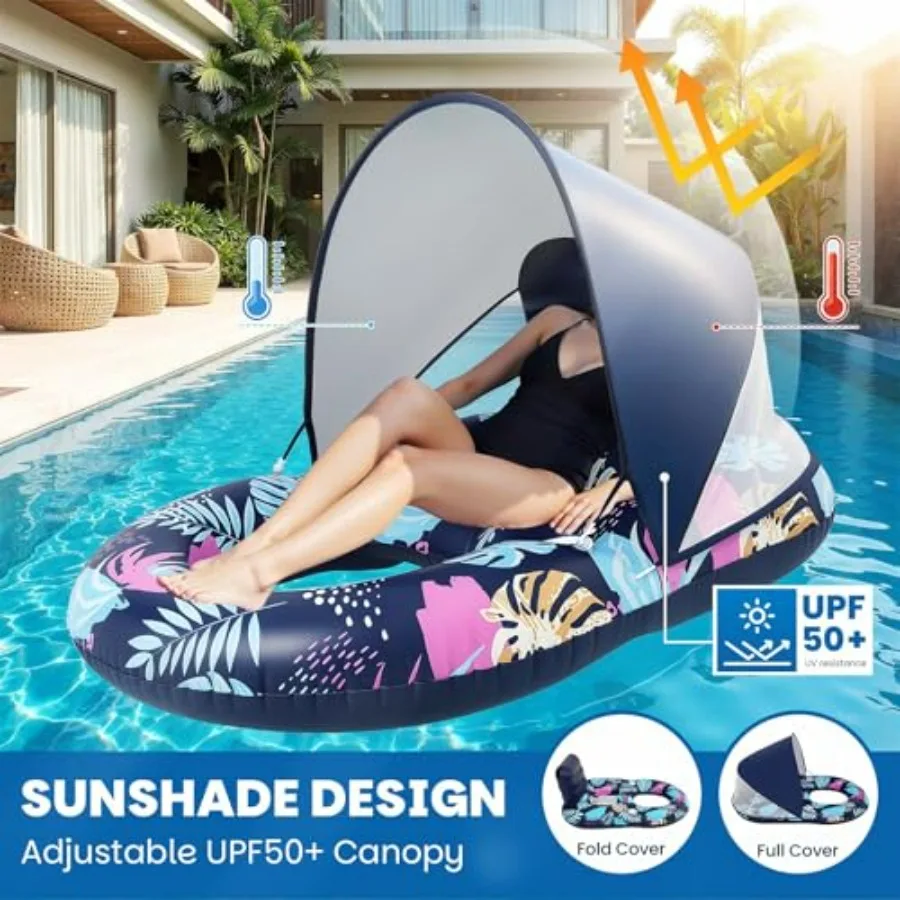Inflatable Pool Floats for beach, lake, party use; PVC material; blue; UPF50+ removable canopy, 120 adjustable, large lounge de
