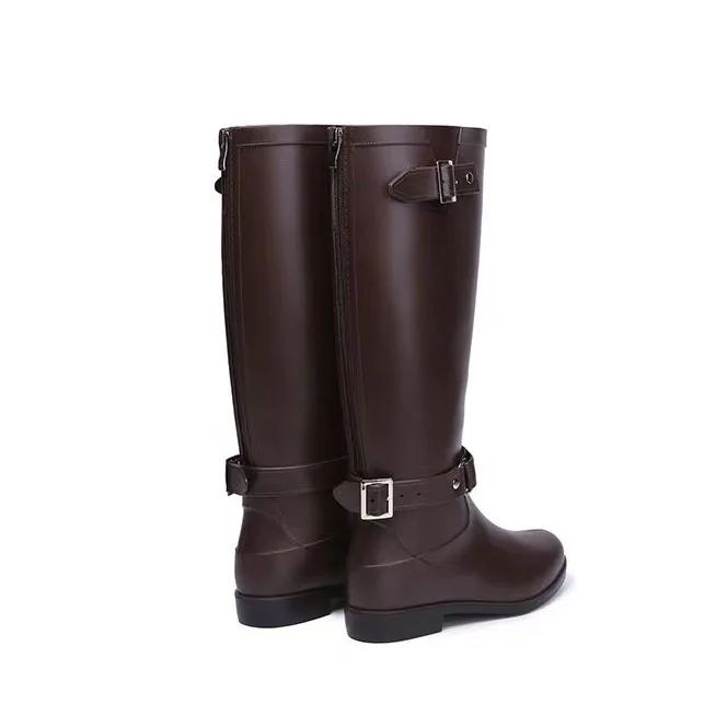 Punk Style Women's Tall Rain Boots Round Toe Retro Metal Buckle Zip Motorcycle Boots Rider Boots Plus Size Women's Boots