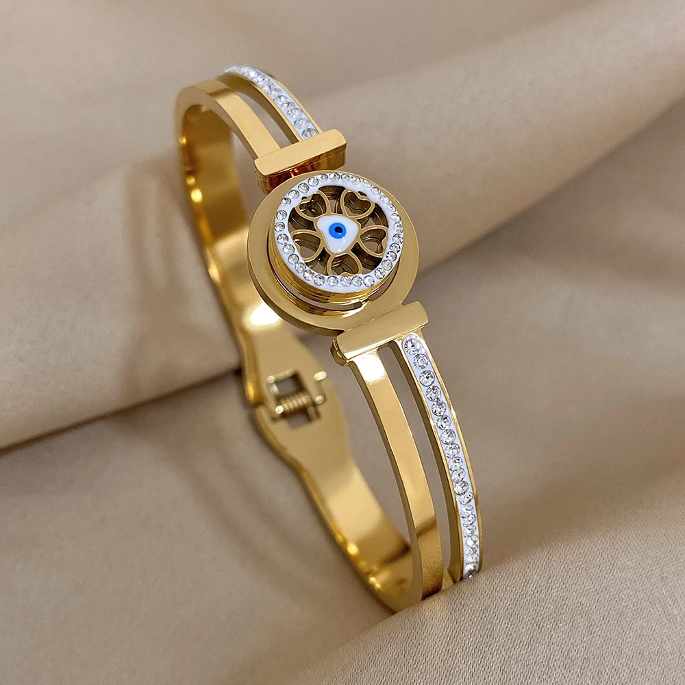 Evil Eye Stainless Steel Charm Bracelet, Rhinestone