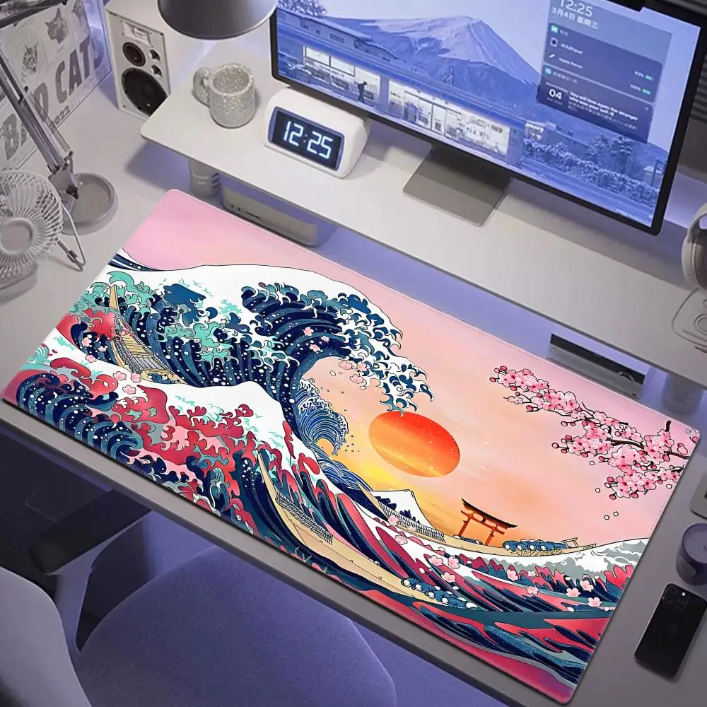 

Japanese The Great Wave of Kanagawa Large Gaming Mousepad 800x300mm Gamer Keyboard Lock Edge Desk Mats Office Laptop Accessories