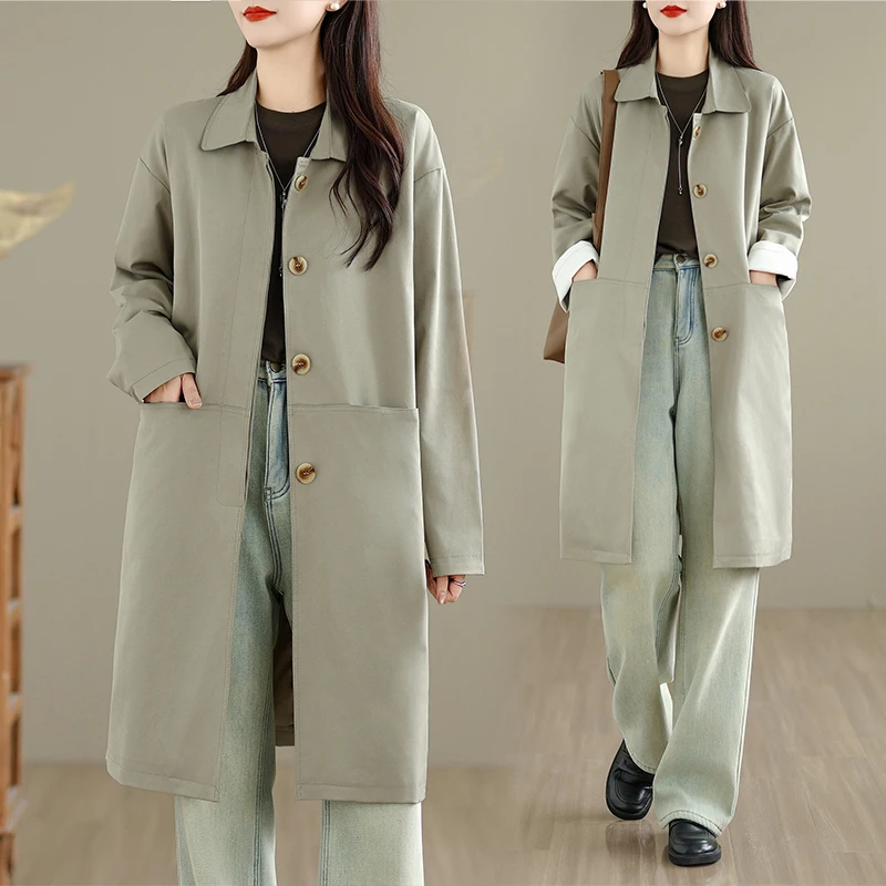 

Khaki Casual Sle Women's Long Coat Autumn Faion Loose Meat Covering All-Match Mid-Length Open Cardigan Trendy Top