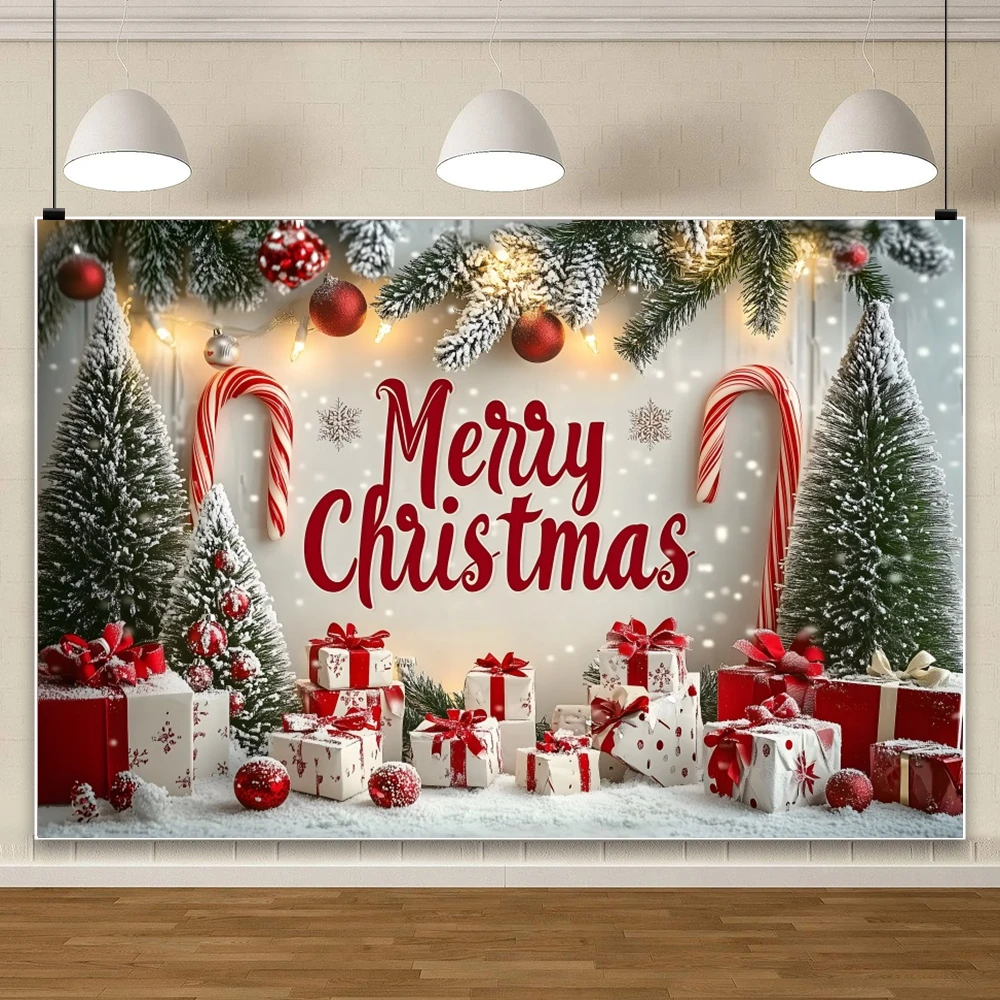 Christmas Backdrop Decorations Merry Christmas Sign Gift Box Candy Canes Xmas Tree For Holiday Display Photo Shoots Background