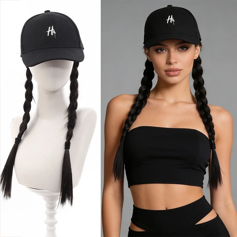 Women's Fashion Wig Baseball Cap Synthetic Fiber Material Black Cap with Two Braided Pigtails Ideal for Daily Life