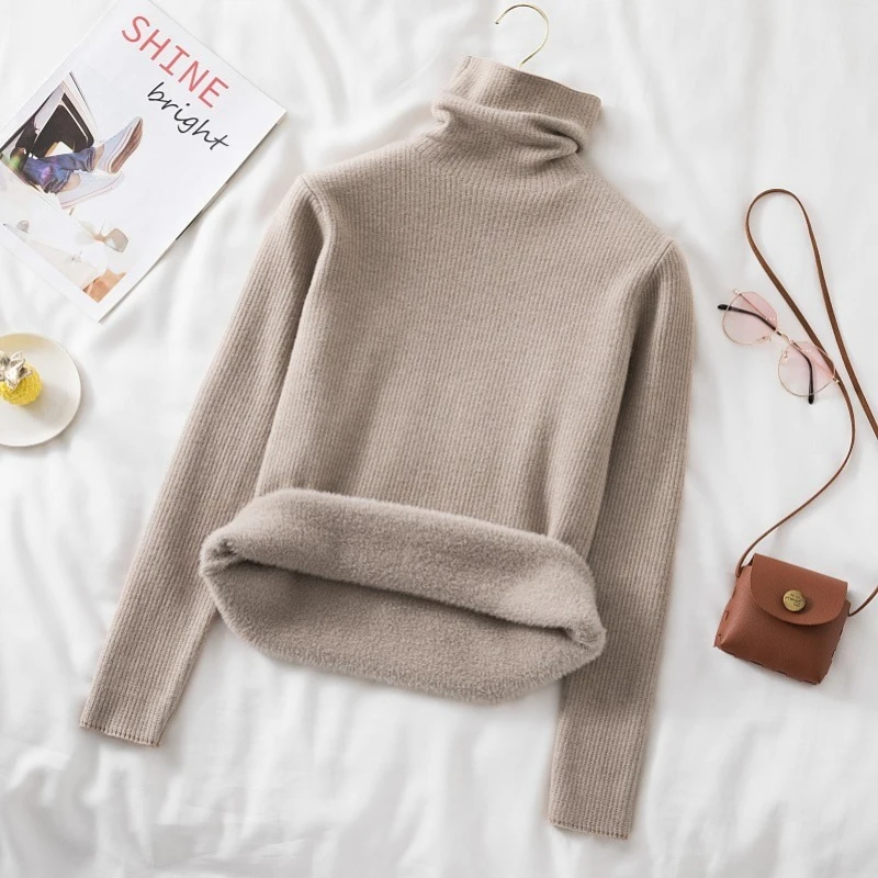 2023 Winter Plus Thick Velvet knit Sweater Bottoming shirt Velvet lining Warm Pullover Sweater female Fashion Thick Sweater image 2