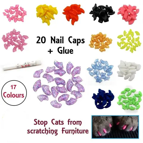Lovely 20pcs Silicone Soft Cat Nail Caps Cat Nail Covers Pet Claw Paws Caps Adhesive Glue Animal Protection
