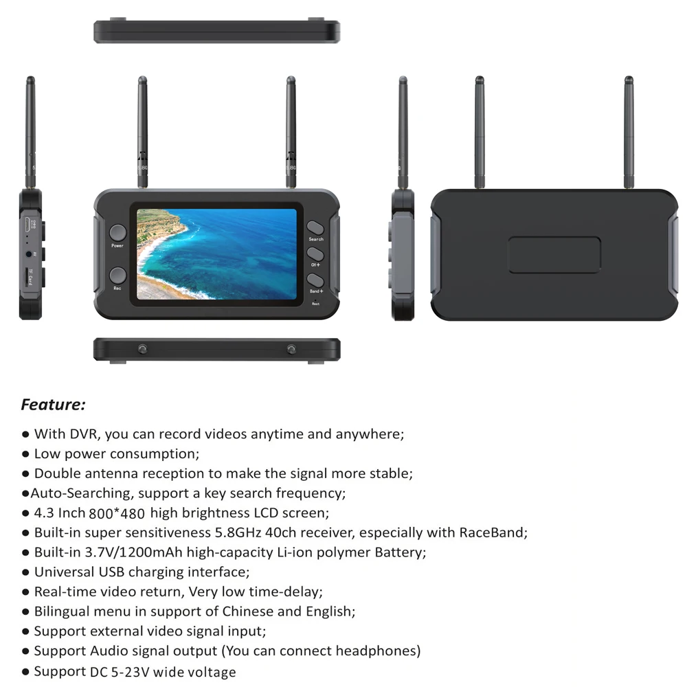 

5803D 5.8G 40CH 4.3 Inch LCD Screen Receiver Monitor with built in Rechargable Battery For FPV Multicopter RC Quadcopter Parts