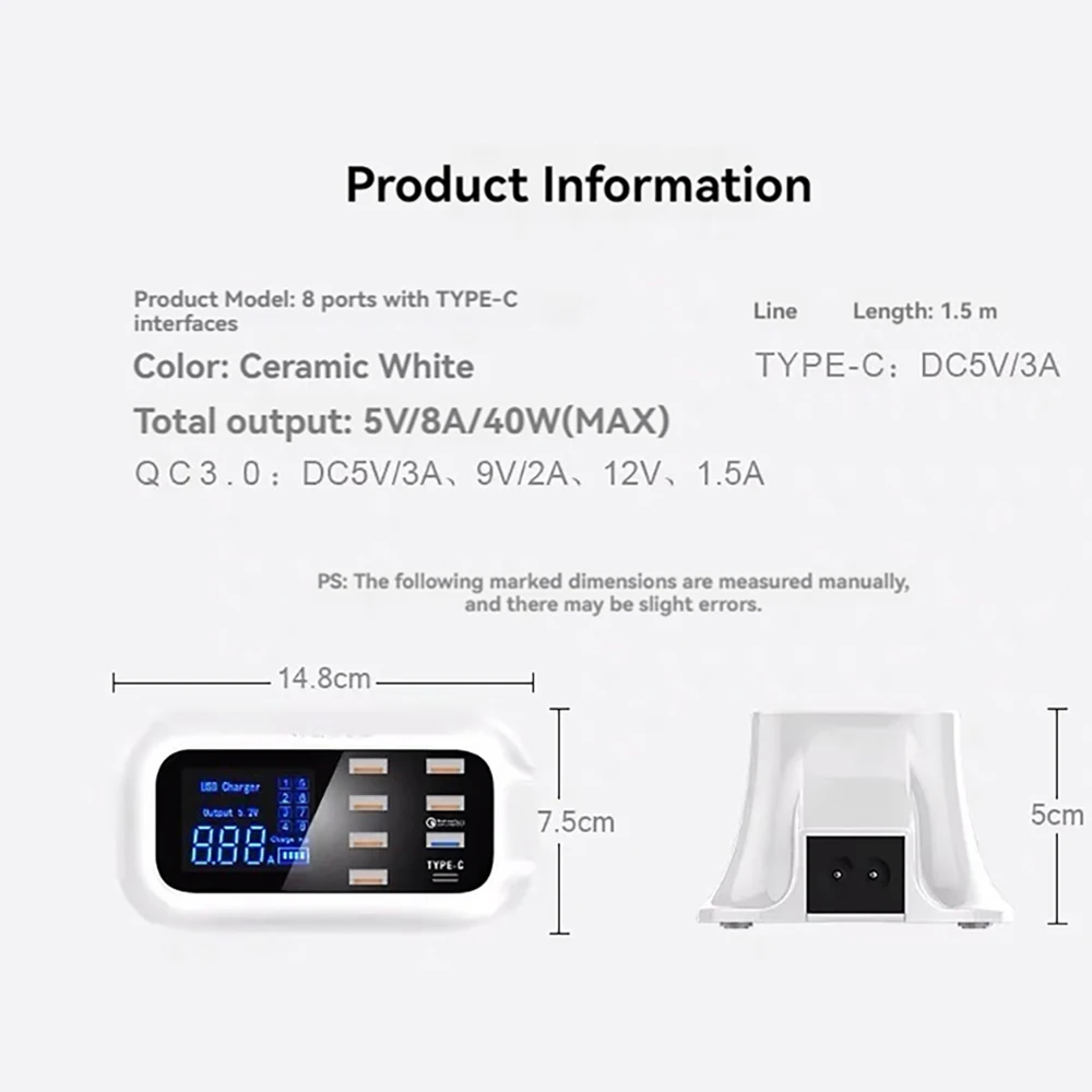 For iPhone11 12 15 Pro Max Type C QC 3.0 Fast Charging For Huawei PD40W Intelligent LCD Display 8-port USB Mobile Phone Charger