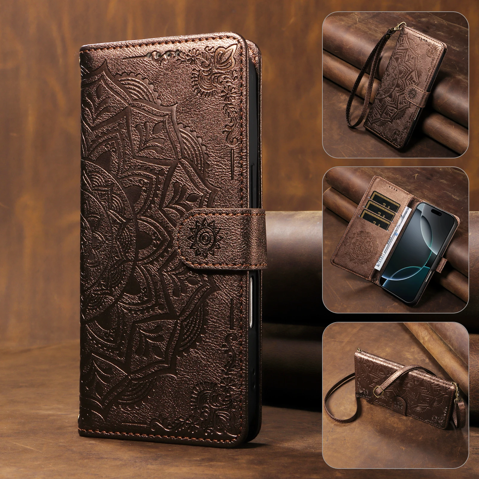 Mandala Lanyard Leather Phone Case For Samsung Galaxy S26 Edge S25 Ultra S24 Plus S23 FE Cossbody Wrist 3 Slot Wallet Flip Cover