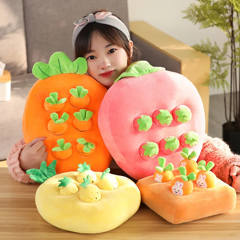 Cute Strawberry Field Plush Pillow Cushion,Carrot Puzzle Doll,Fruit Vegetable Dog Look for Food,Grinding Teeth Biting Mushrooms