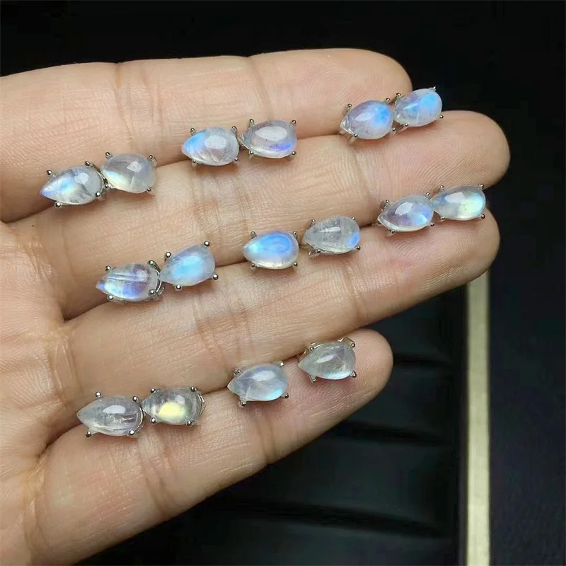 S925 Natural Blue Moon Stone Teardrop Stud Earrings Sterling Silver Reiki Healing Stone Fashion Jewelry Gift Women Men 1pair