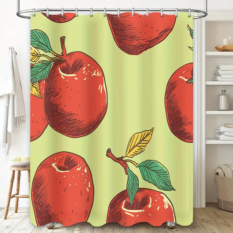 Vibrant Red Apple Print Shower Curtain for Bathroom Decoration Modern Design Home Decor with Green Leaves on Pastel Background S