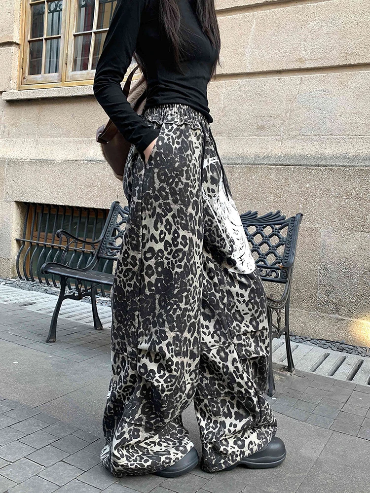 ReddaChic Retro Leopard Parachute Pants Character Print Elastic Waist Straight Baggy Pants Joggers Harajuku Y2k Women Clothes